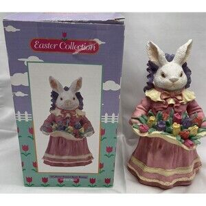 VTG Easter 9" Poly Stone Sculpture Easter Bunny with basket of Spring flowers